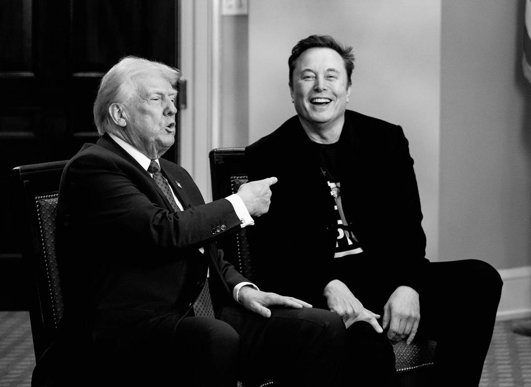 Black and white photo of US President Donald Trump and DOGE head and Tesla CEO, Elon Musk sitting side by side