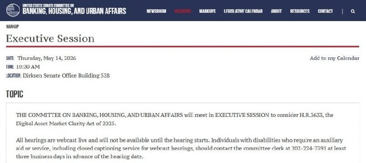 Senate Banking Committee schedules markup for crypto legislation on May 14