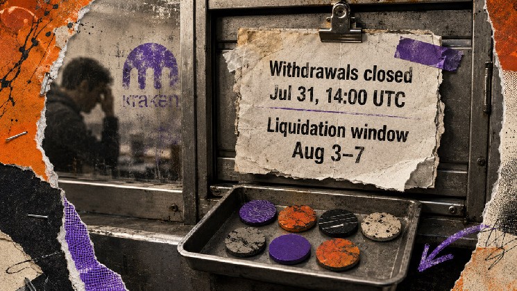 Kraken is force-selling 7 delisted tokens into dead markets, warning users insufficient liquidity could result in zero proceeds.
