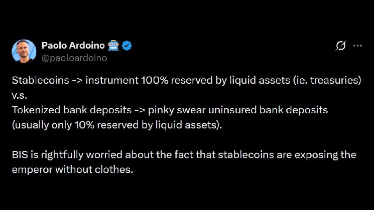 Tether CEO Slams BIS Over Tokenized Bank Deposit Push